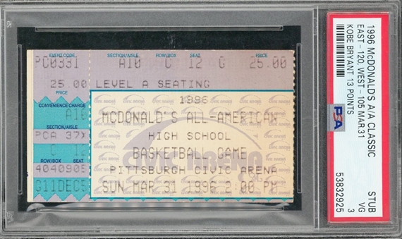 1996 Kobe Bryant McDonalds All-American Classic - East vs. West - March 31st, 1996 High School Ticket Stub - PSA VG 3 - Kobe Bryants Last Amateur Game!